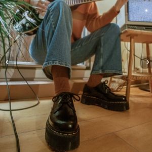 Doc Martens 1461 Quad Black Leather Platform Shoes, Size 8 Women